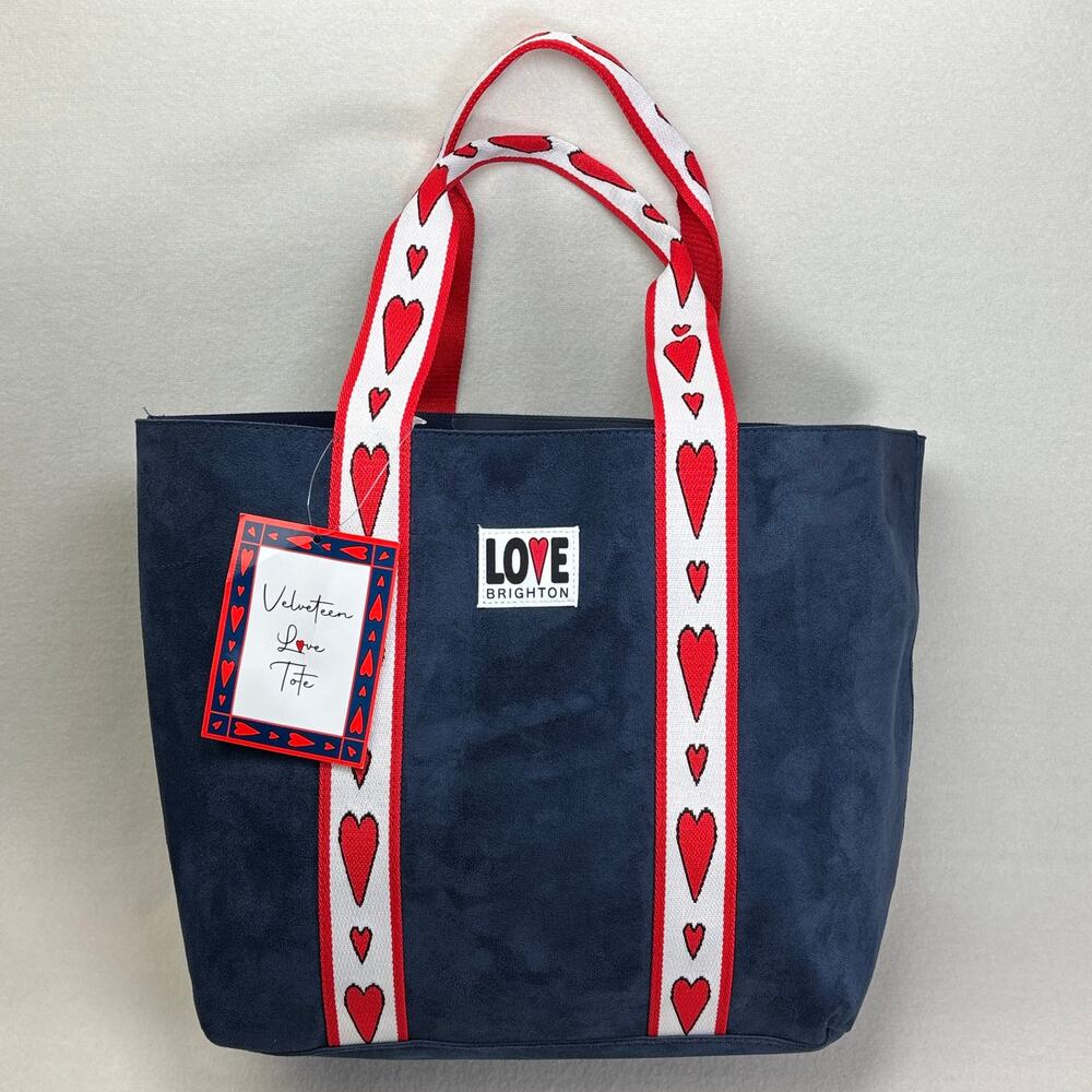 Brighton Love Velveteen Tote Bag NWT Navy Blue Red Hearts